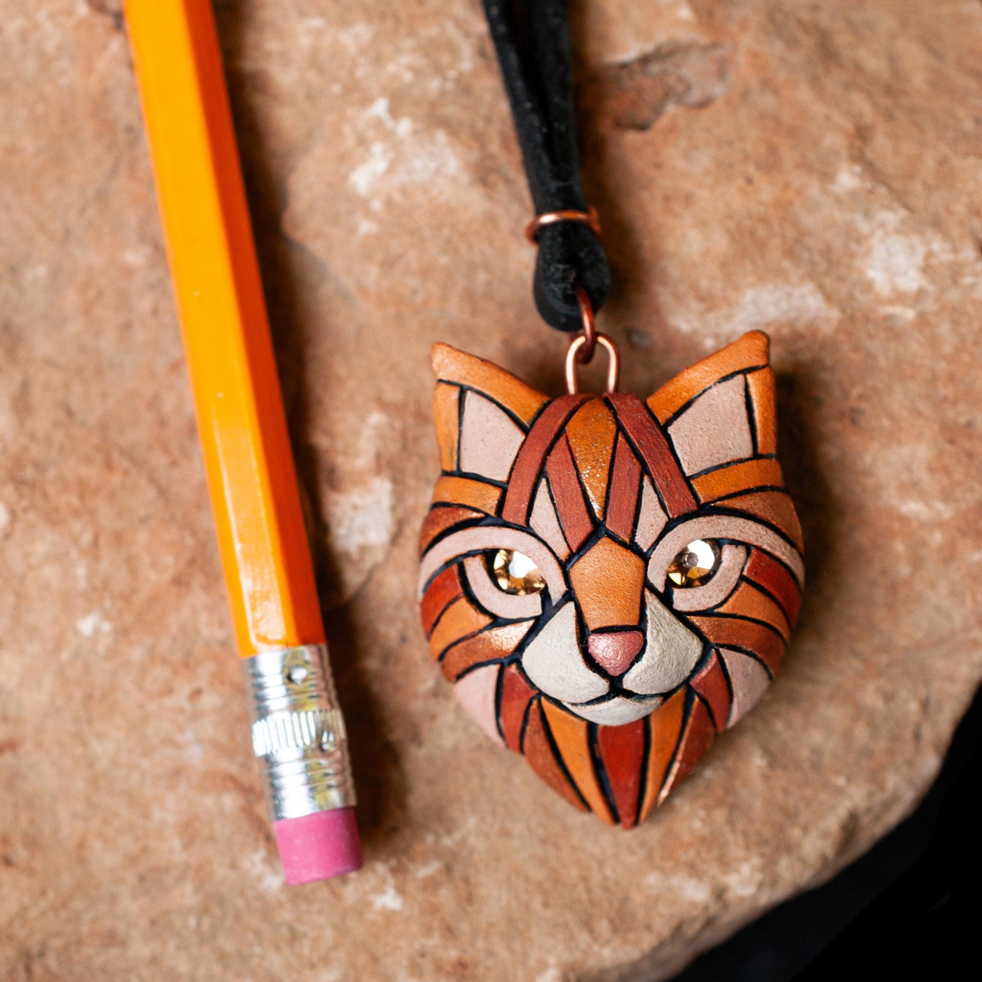 Ginger Cat Pendant Necklace: Polymer Clay Mosaic Jewelry, Swarovski Crystal 