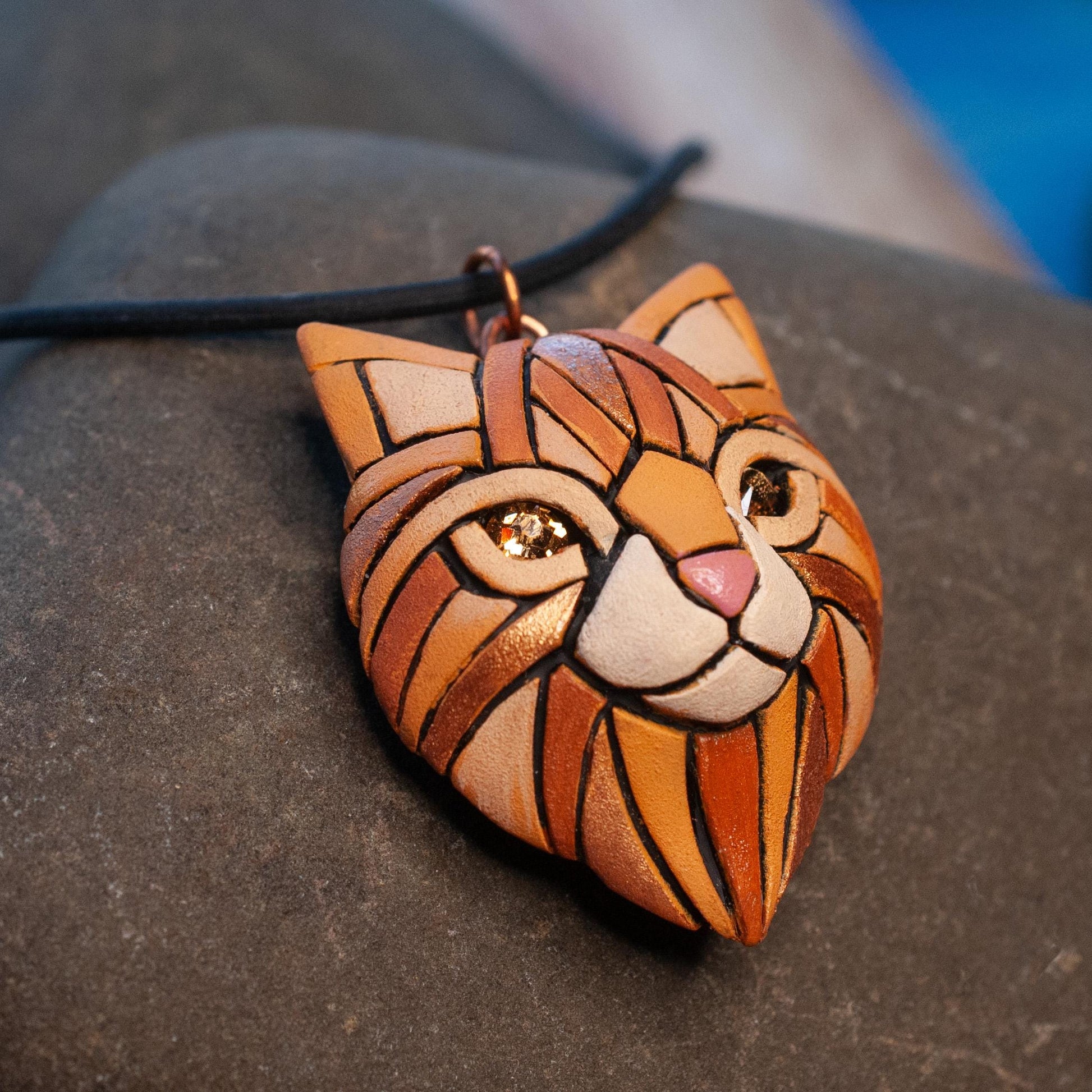 Ginger Cat Pendant Necklace: Polymer Clay Mosaic Jewelry, Swarovski Crystal Eyes.