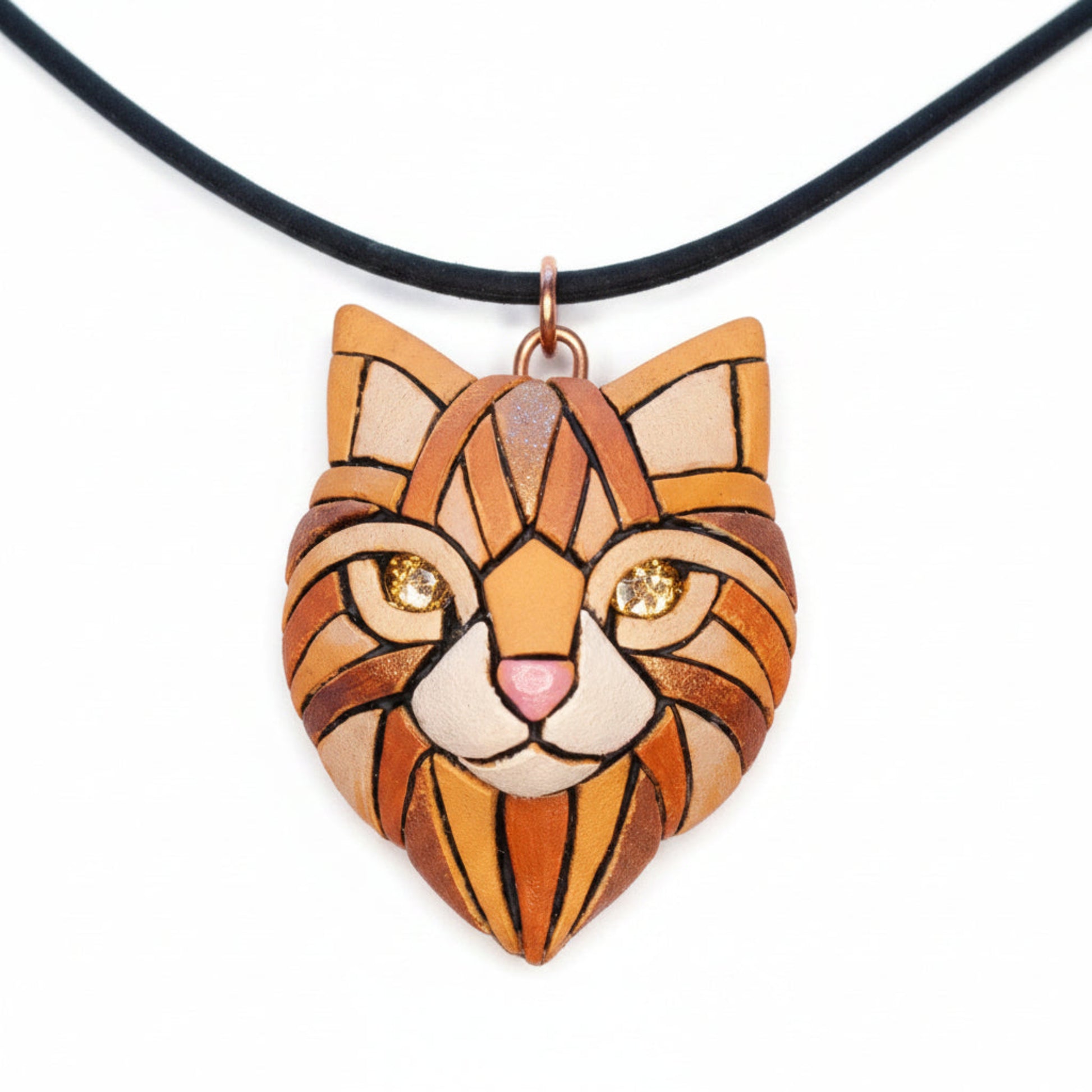 Ginger Cat Pendant Necklace: Polymer Clay Mosaic Jewelry, Swarovski Crystal Eyes