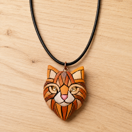 Ginger Cat Pendant Necklace: Polymer Clay Mosaic Jewelry, Swarovski Crystal Eyes