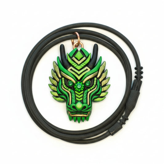Green Dragon Necklace - Gold & Black Mosaic Totem - Handmade Mythical Jewelry