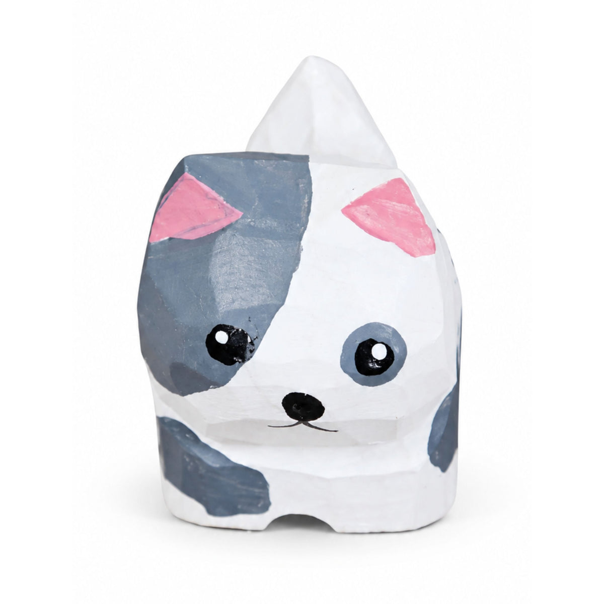 A hand-painted wooden cat-shaped object, likely a piggy bank or decorative figurine, featuring a white and gray cat face with pink ears and black eyes, set against a plain white background.