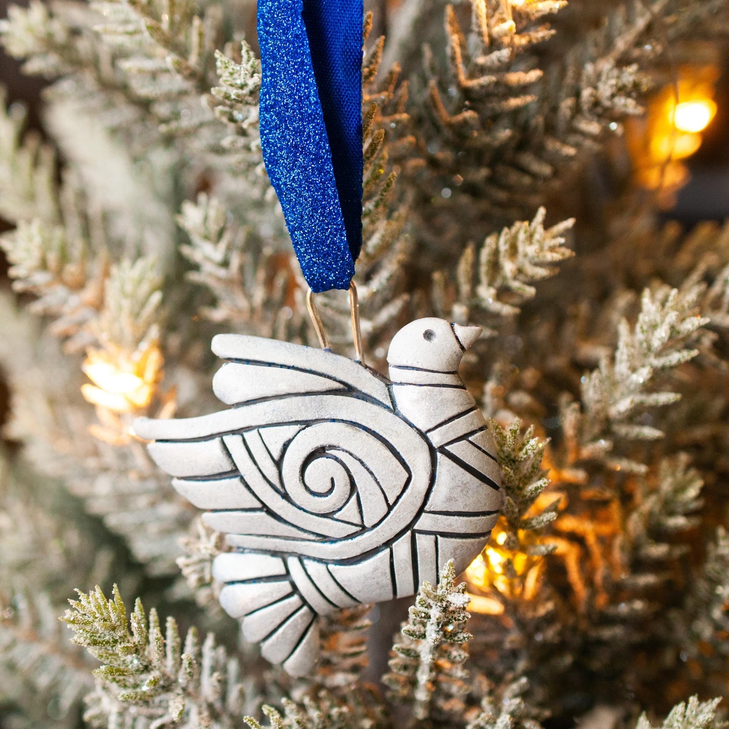 Handmade Silver Peace Dove Polymer Clay Christmas Ornament – Mosaic Bird Holiday Decoration