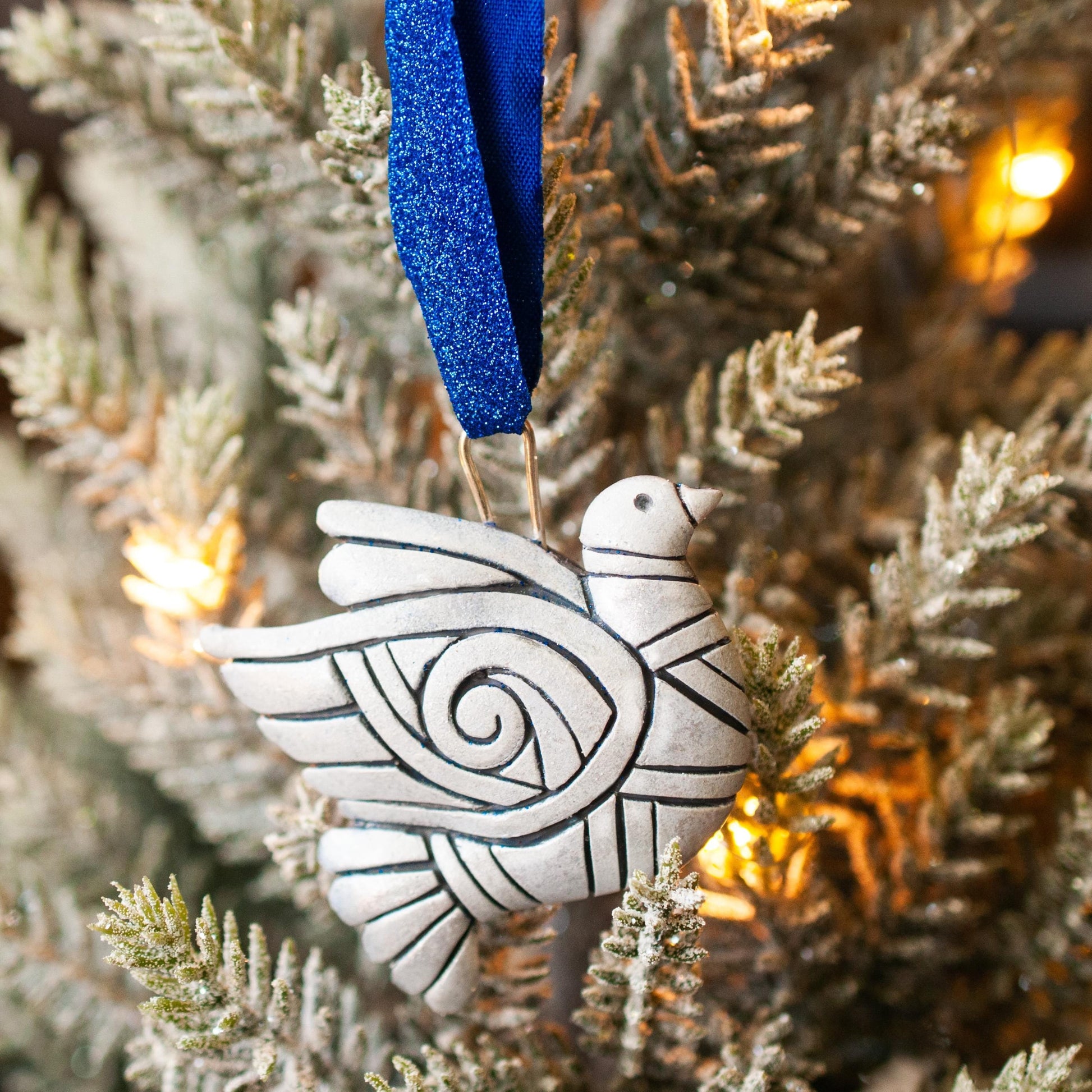 Handmade Silver Peace Dove Polymer Clay Christmas Ornament – Mosaic Bird Holiday Decoration