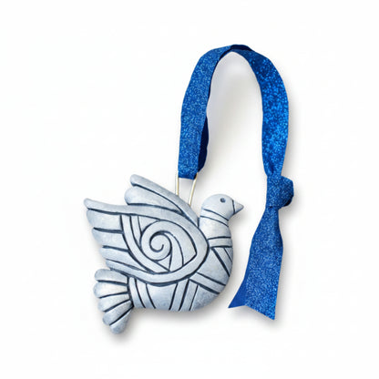 Handmade Silver Peace Dove Polymer Clay Christmas Ornament – Mosaic Bird Holiday Decoration