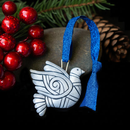 Silver Peace Dove Polymer Clay Ornament | Handmade Holiday Christmas Bird | Symbol of Peace
