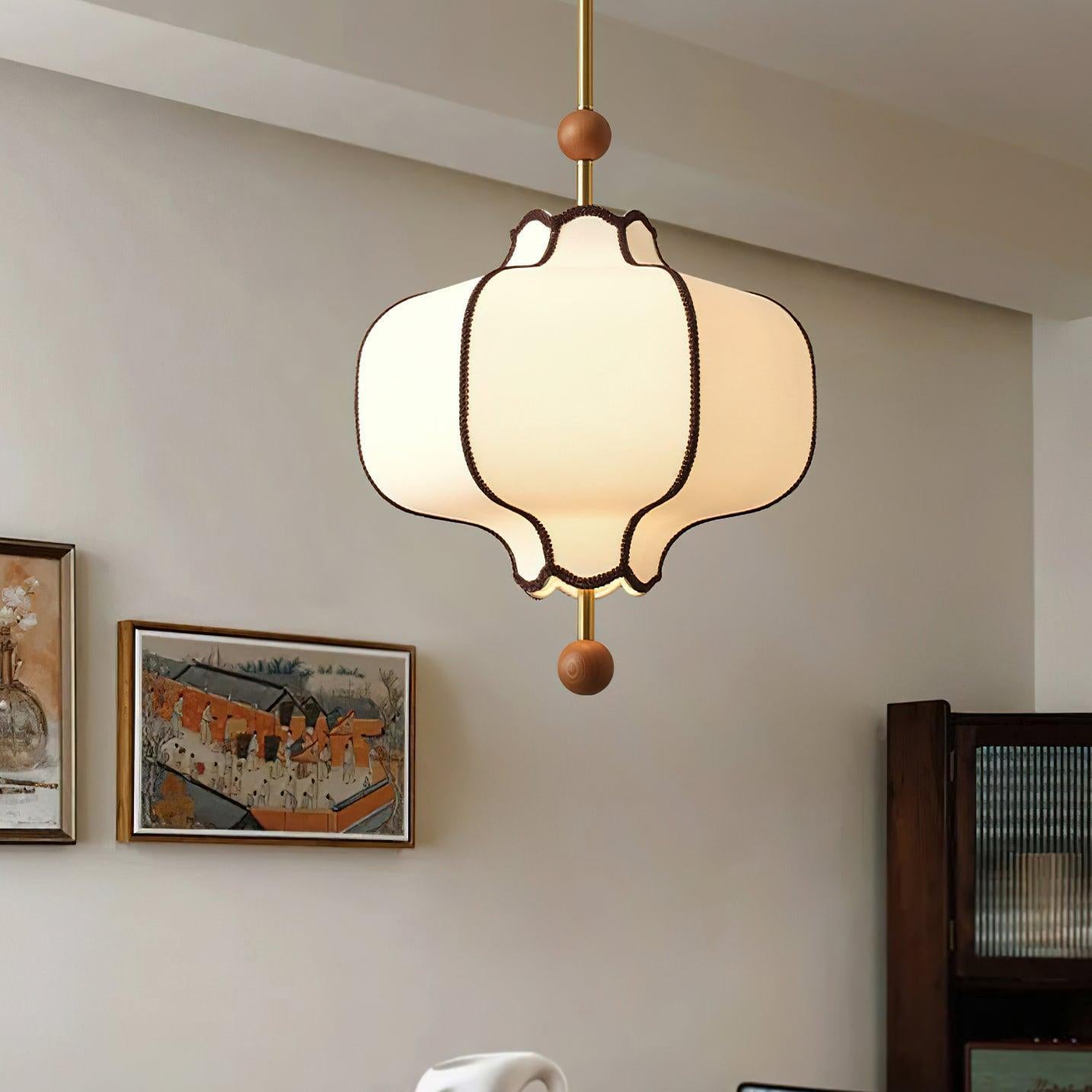 Oriental Lantern Wood Cloth Metal Pendant Light