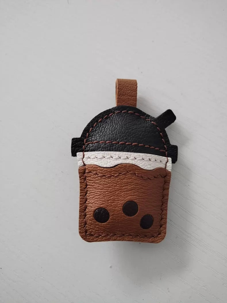 Milk Tea Charm for Adults – Brown Sheepskin Handmade Bag Keychain – 6.5 cm 2