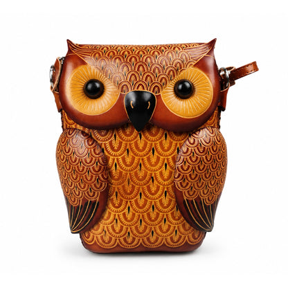 Owl Crossbody Bag for Women – Brown Leather Handmade Phone Bag – 20 cm