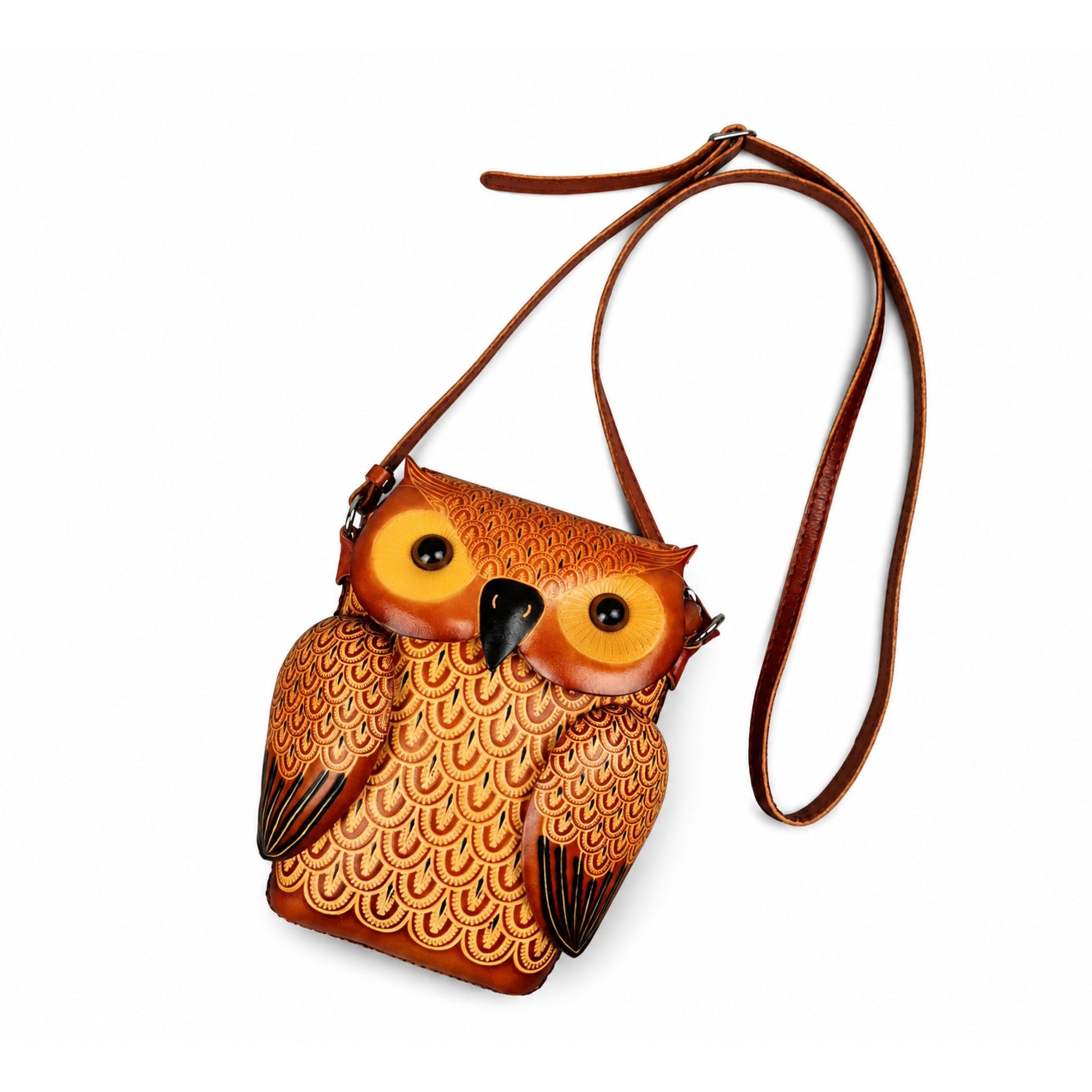 Owl Crossbody Bag for Women – Brown Leather Handmade Phone Bag – 20 cm