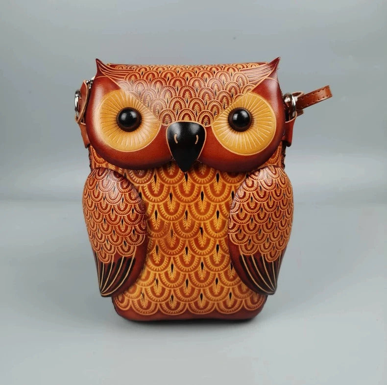 Owl Crossbody Bag for Women – Brown Leather Handmade Phone Bag – 20 cm 