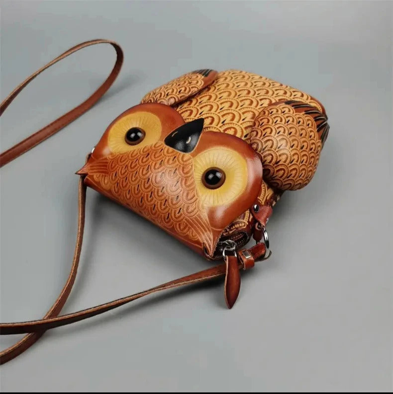 Owl Crossbody Bag for Women – Brown Leather Handmade Phone Bag – 20 cm 3