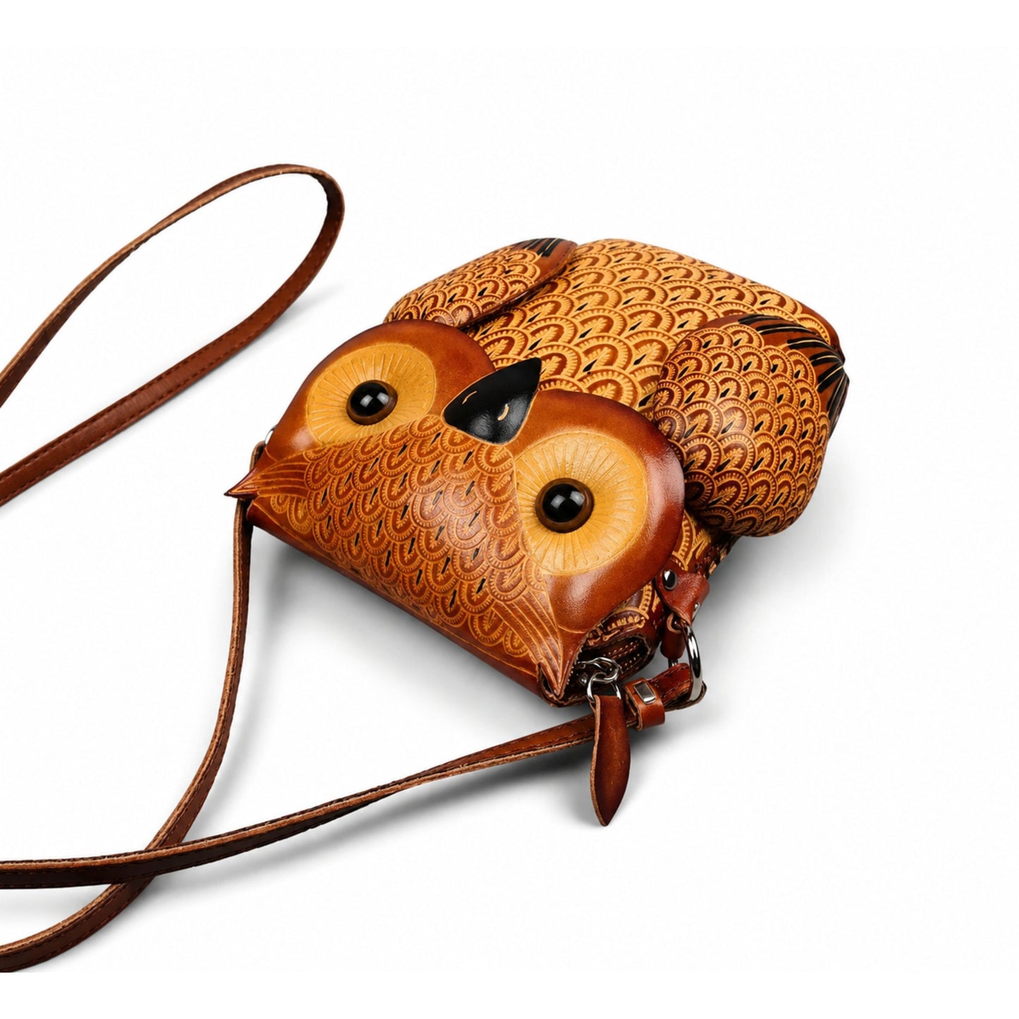 Owl Crossbody Bag for Women – Brown Leather Handmade Phone Bag – 20 cm