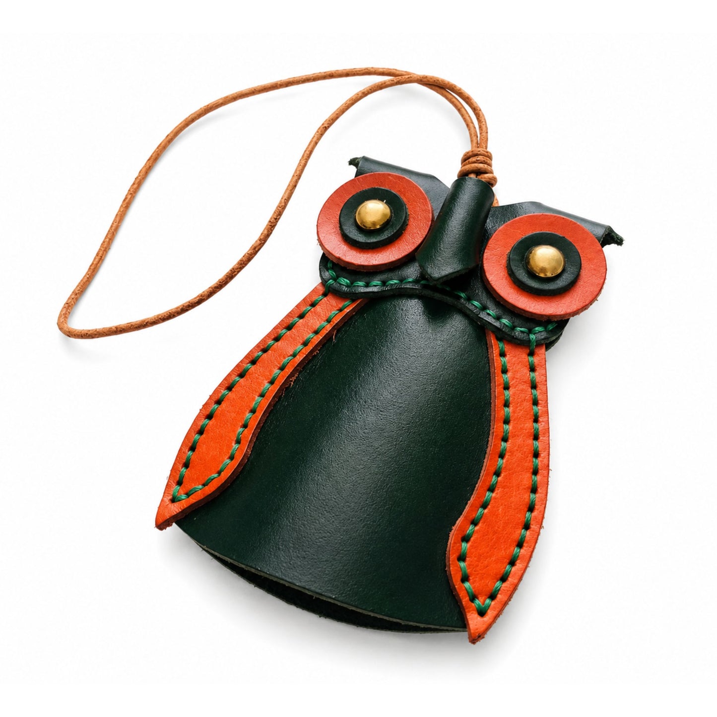 Owl Pouch Pendant for Adults – Green Leather Handmade Key Holder – 9.5 cm 2