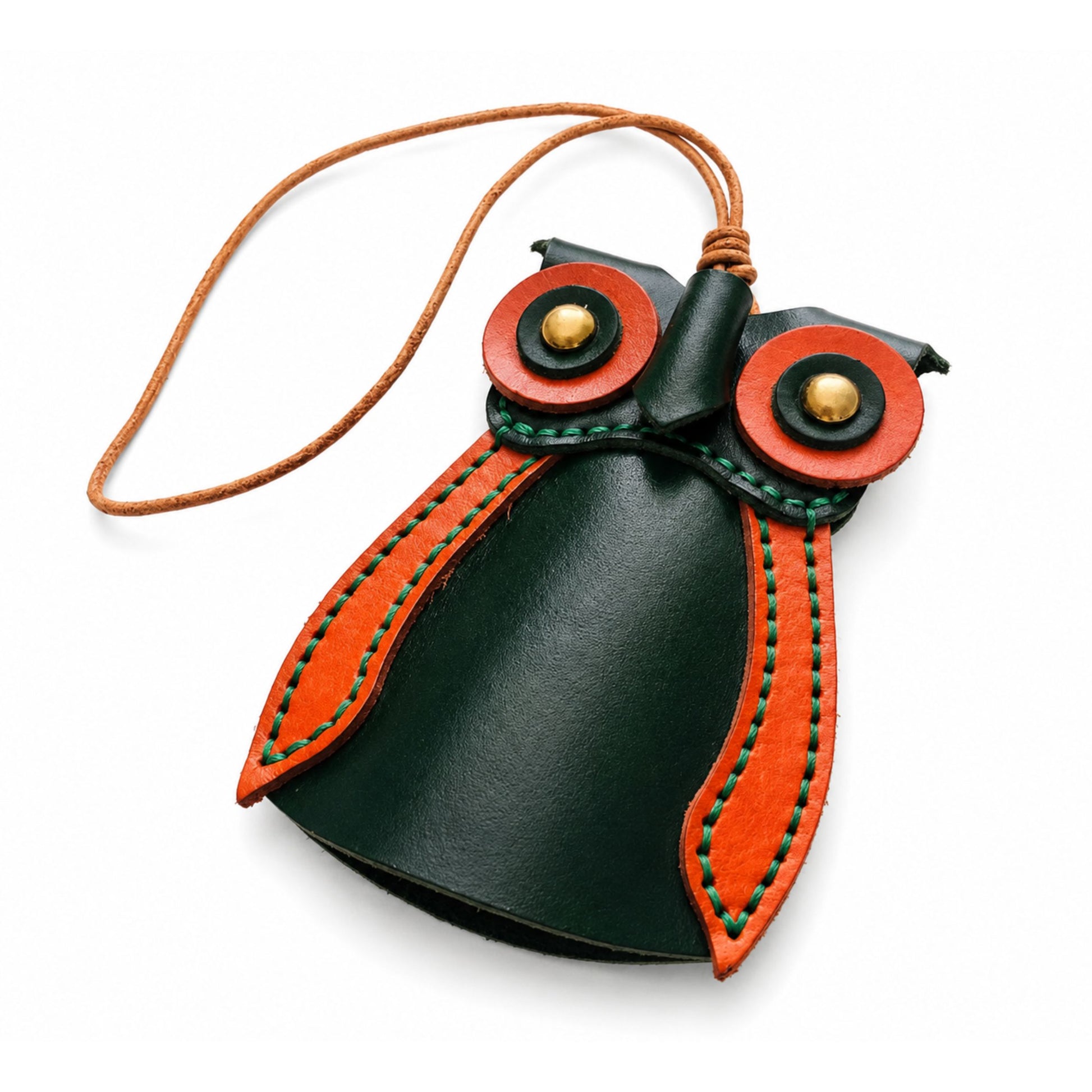 Owl Pouch Pendant for Adults – Green Leather Handmade Key Holder – 9.5 cm 2