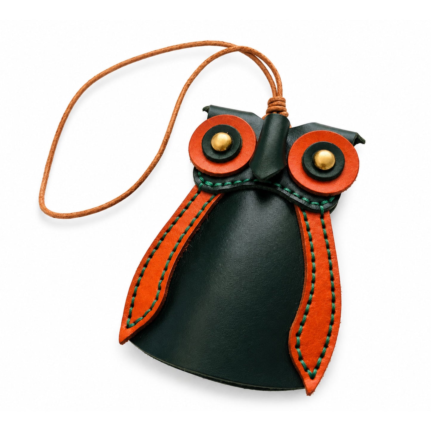 Owl Pouch Pendant for Adults – Green Leather Handmade Key Holder – 9.5 cm