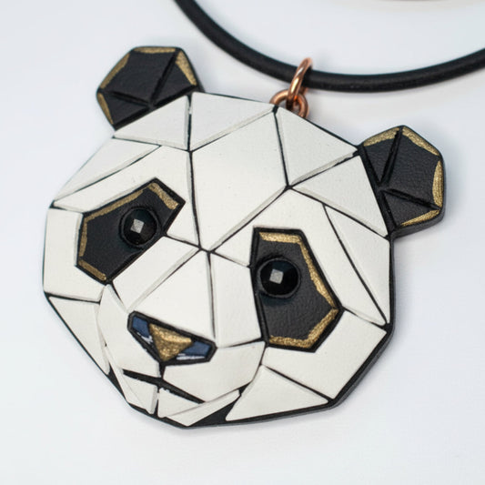 Panda Necklace - Geometric Spirit Animal - Black White Gold Mosaic Art Gift