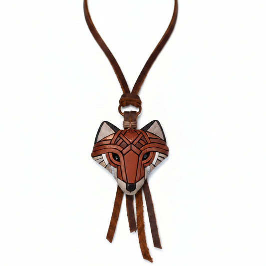 Red Fox Necklace, Rustic Western Spirit Animal, Mosaic art to wear, Unique gift idea, Adjustable-length Leather cord, Personalized option