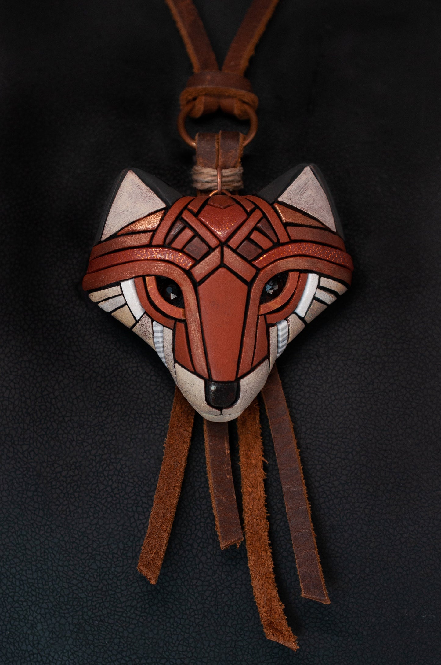 Red Fox Necklace on Adjustable Leather Cord, Rustic Western Style, Spirit Animal, Handmade Art