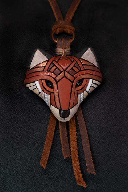 Red Fox Necklace on Adjustable Leather Cord, Rustic Western Style, Spirit Animal, Handmade Art
