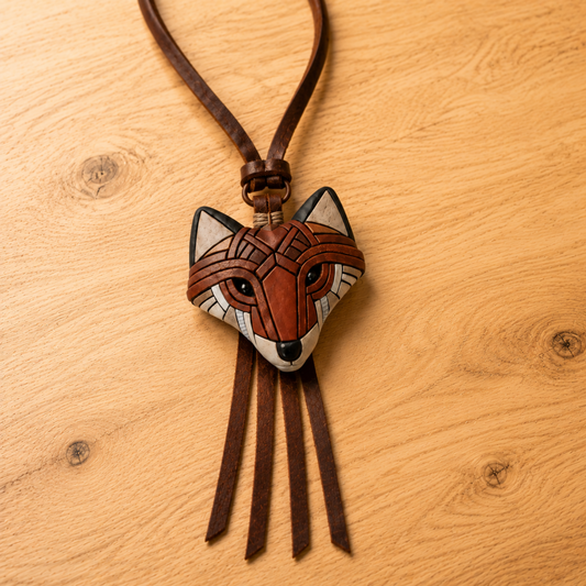 Red Fox Necklace on Adjustable Leather Cord, Rustic Western Style, Spirit Animal, Handmade Art