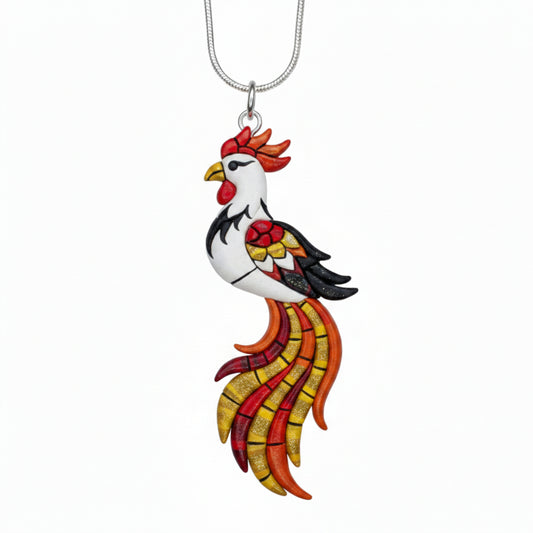 Rooster Necklace - Red White Gold Mosaic Bird Pendant - Colorful Spirit Animal