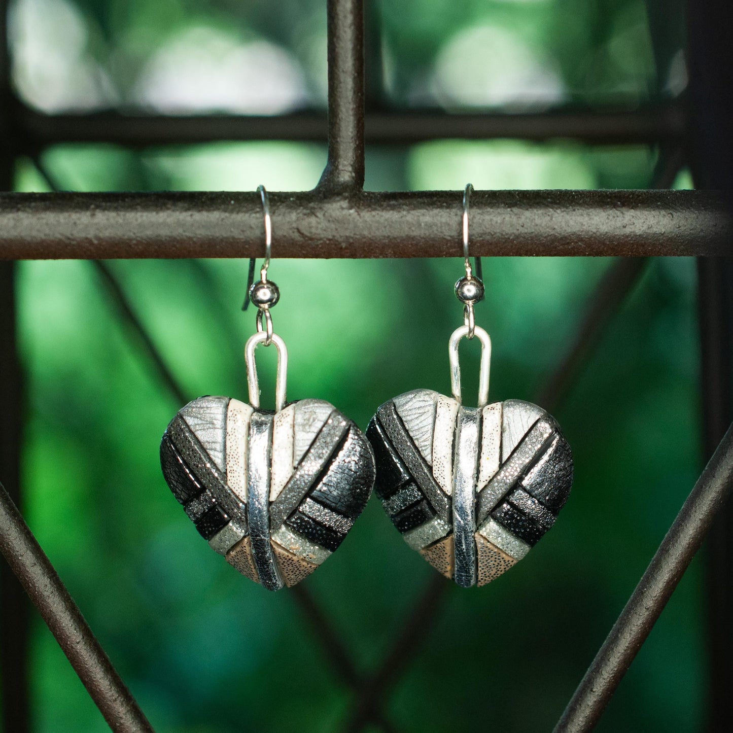 Silver Mosaic Heart Dangle Earrings, Handmade Chrome-Look Polymer Clay,