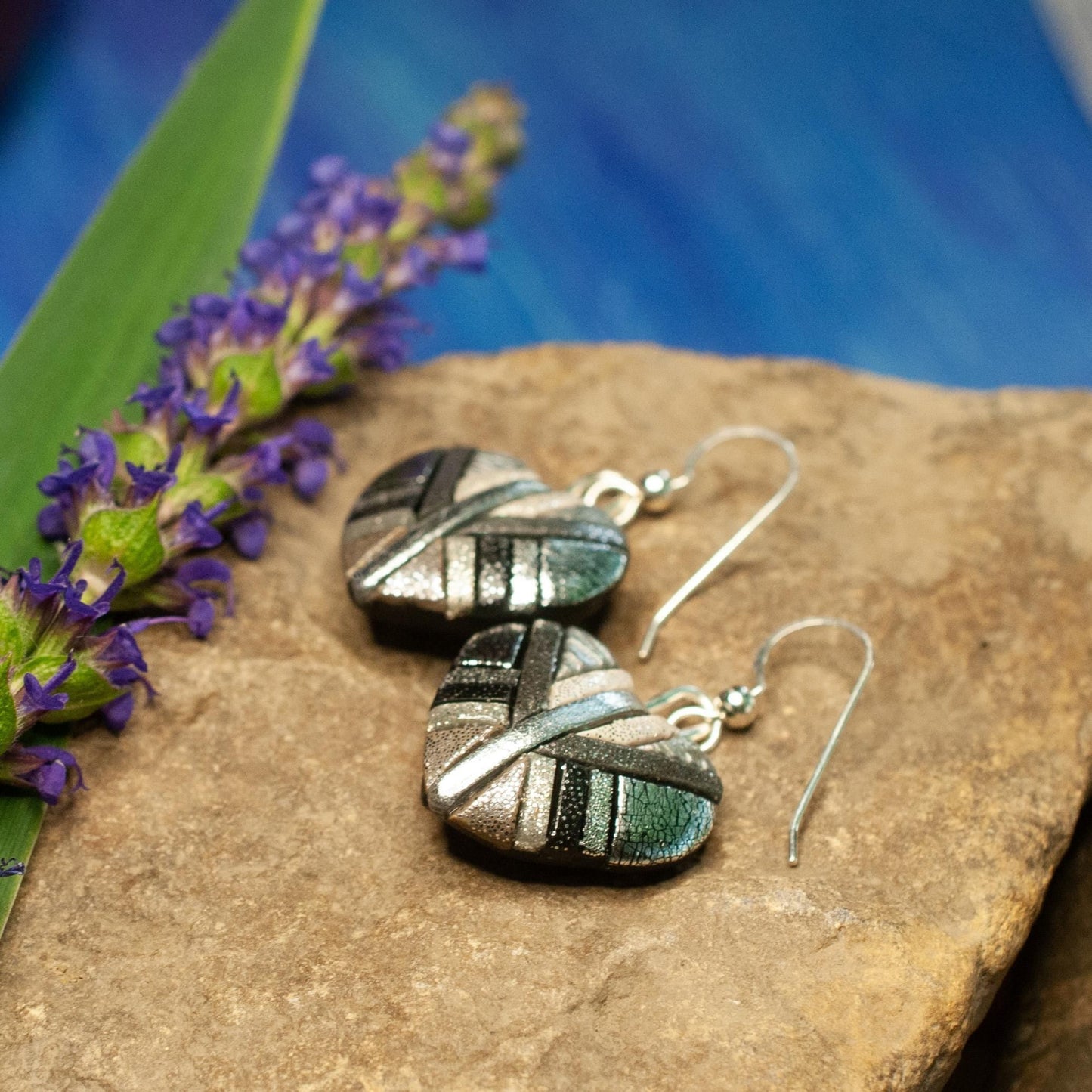 Chrome Heart Earrings – Shiny Silver Mosaic Hearts on Sterling Silver Ear wires – Trendy Lightweight Dangly Earrings, Handmade Jewelry Gift