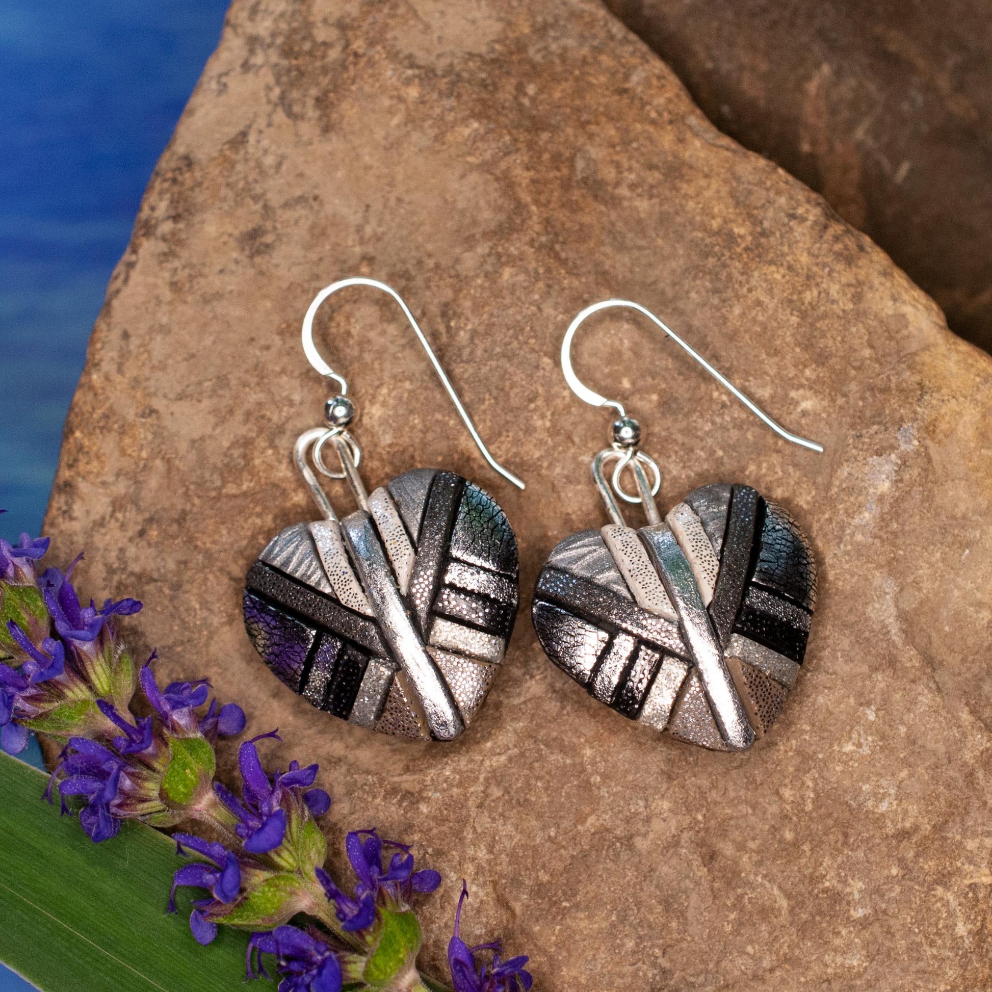 Silver Mosaic Heart Dangle Earrings, Handmade Chrome-Look Polymer Clay, Sterling Silver Wires.