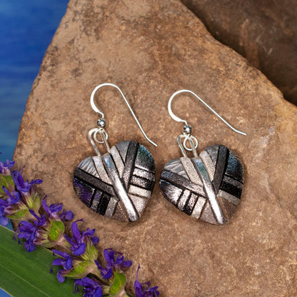 Silver Mosaic Heart Dangle Earrings, Handmade Chrome-Look Polymer Clay, Sterling Silver Wires.