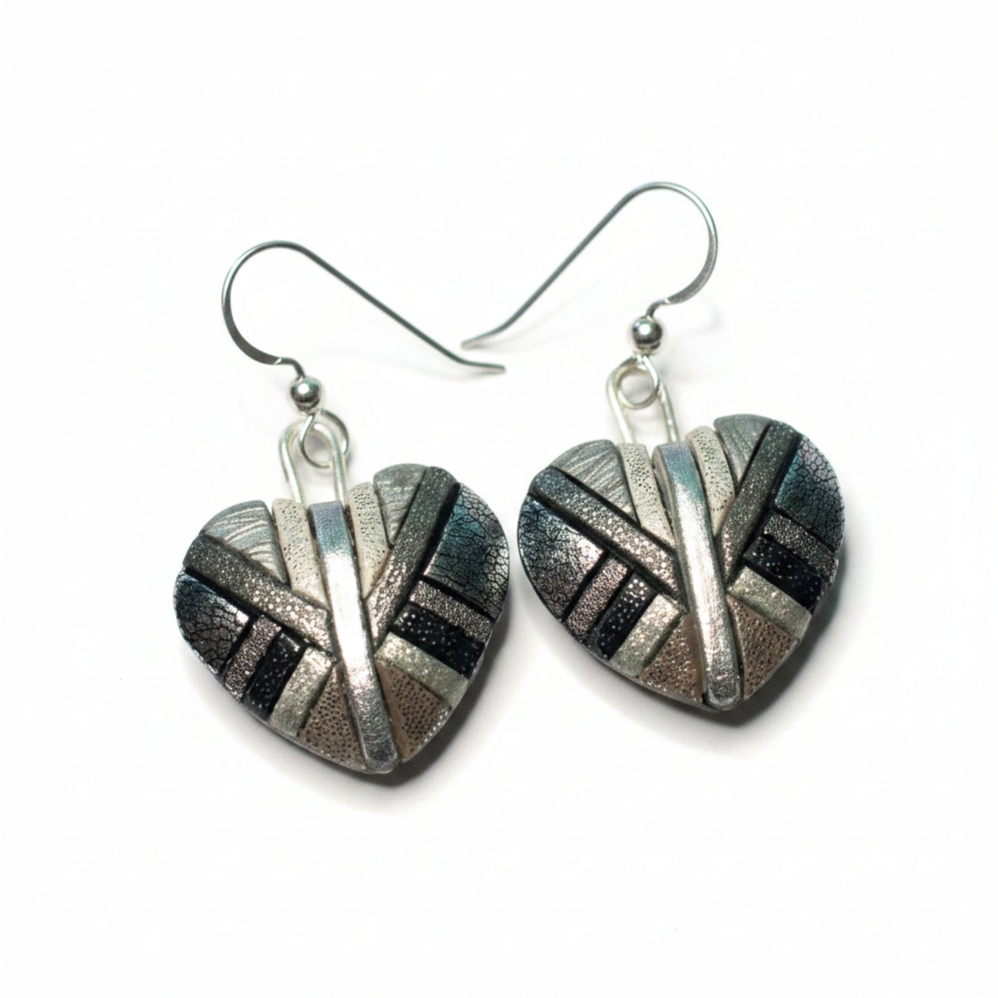 Silver Mosaic Heart Dangle Earrings, Handmade Chrome-Look Polymer Clay, Sterling.