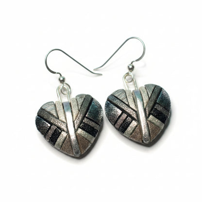 Silver Mosaic Heart Dangle Earrings, Handmade Chrome-Look Polymer Clay, Sterling.