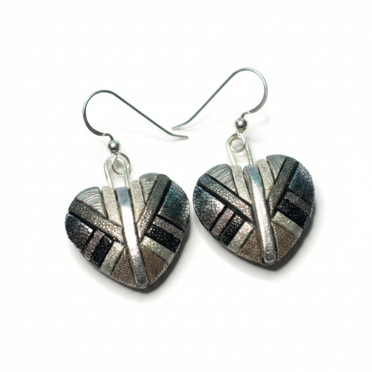Silver Mosaic Heart Dangle Earrings, Handmade Chrome-Look Polymer Clay, Sterling.