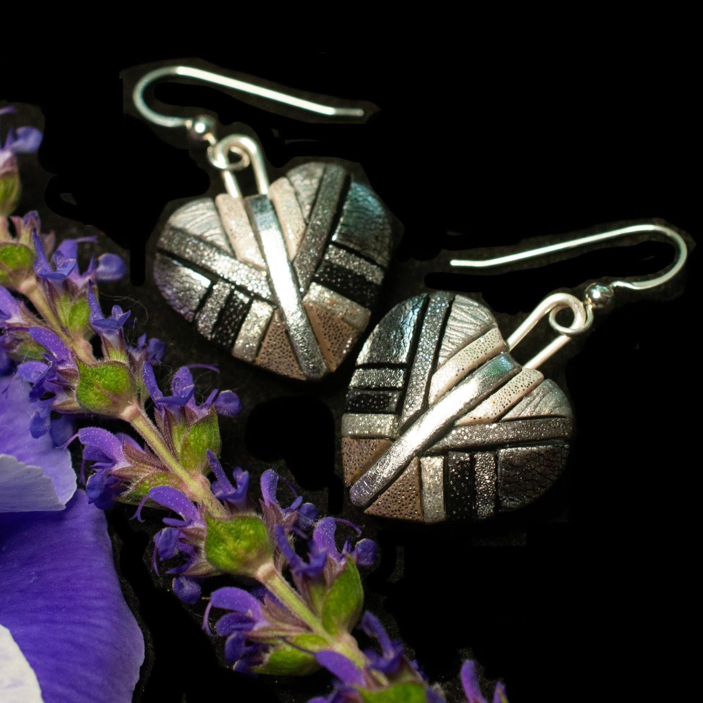 Silver Mosaic Heart Dangle Earrings, Handmade Chrome-Look Polymer Clay, Sterling Silver Wires.