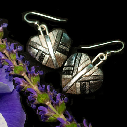 Silver Mosaic Heart Dangle Earrings, Handmade Chrome-Look Polymer Clay, Sterling Silver Wires.