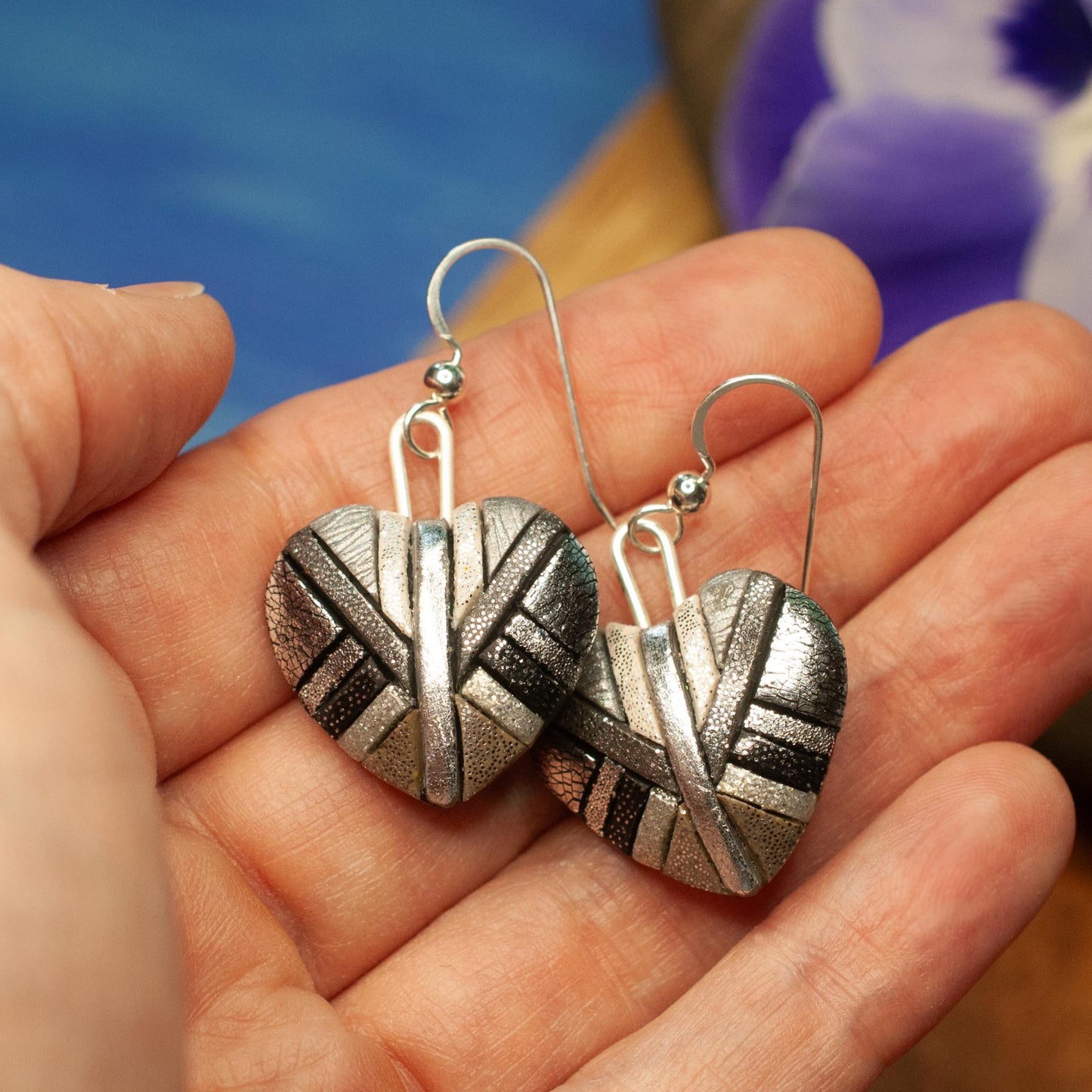 Silver Mosaic Heart Dangle Earrings, Handmade Chrome-Look Polymer Clay, Sterling Silver Wires