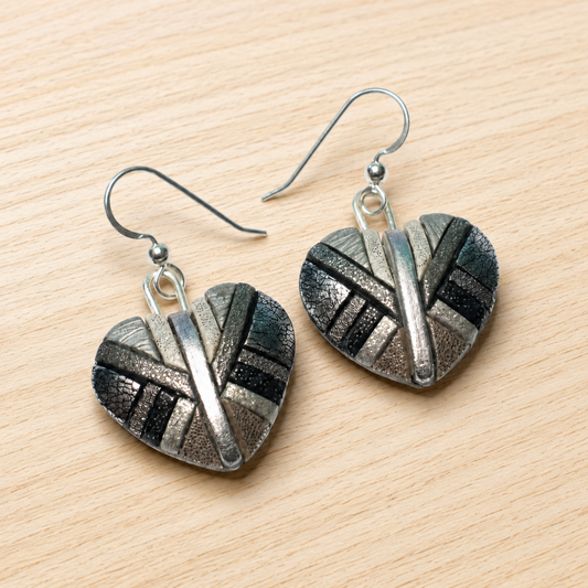Silver Mosaic Heart Dangle Earrings, Handmade Chrome-Look Polymer Clay, Sterling Silver Wires