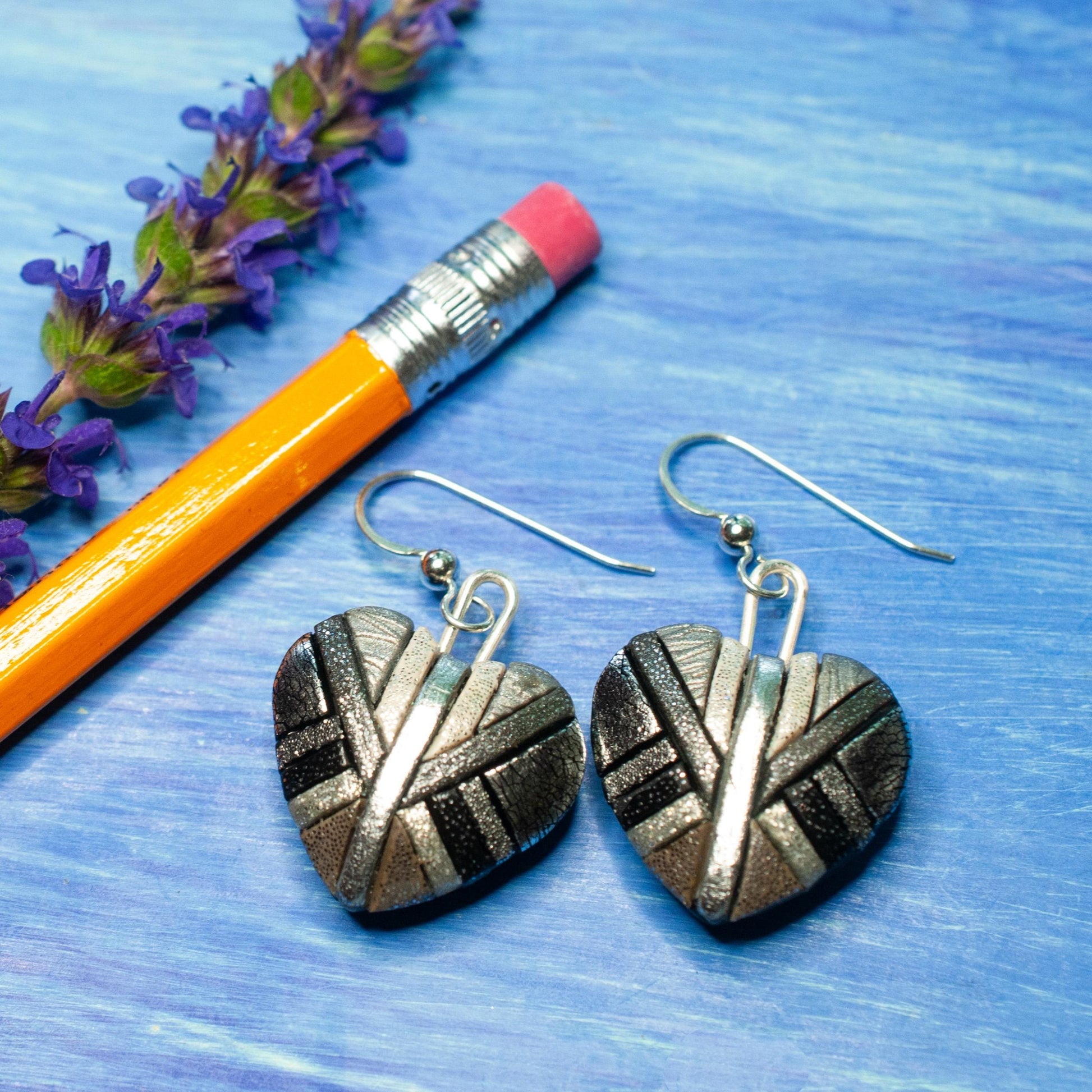 Silver Mosaic Heart Dangle Earrings, Handmade Chrome-Look Polymer Clay, Sterling Silver Wires