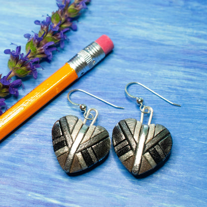 Silver Mosaic Heart Dangle Earrings, Handmade Chrome-Look Polymer Clay, Sterling Silver Wires