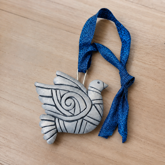 Silver Peace Dove Polymer Clay Ornament | Handmade Holiday Christmas Bird | Symbol of Peace