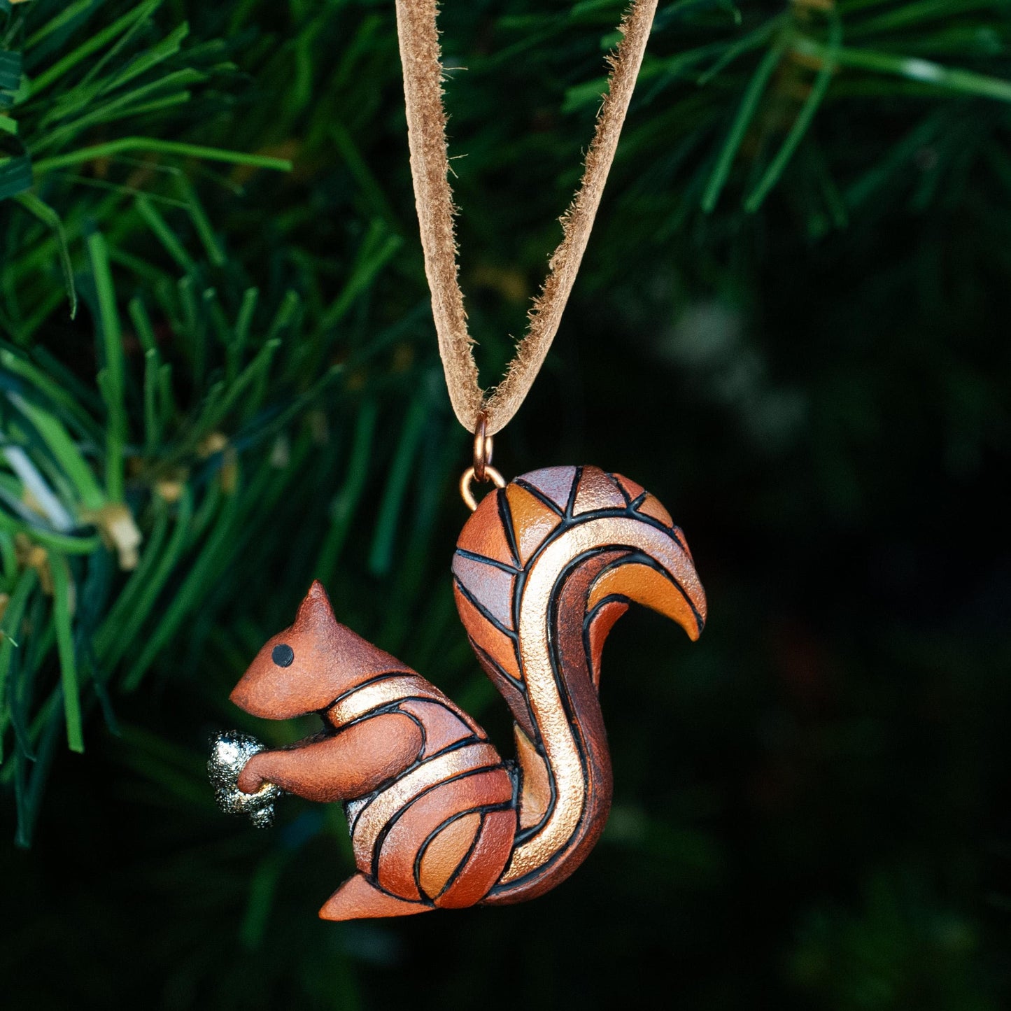 Squirrel Necklace or Ornament, Mosaic Polymer Clay Pendant on Leather or Chain, Wildlife Art