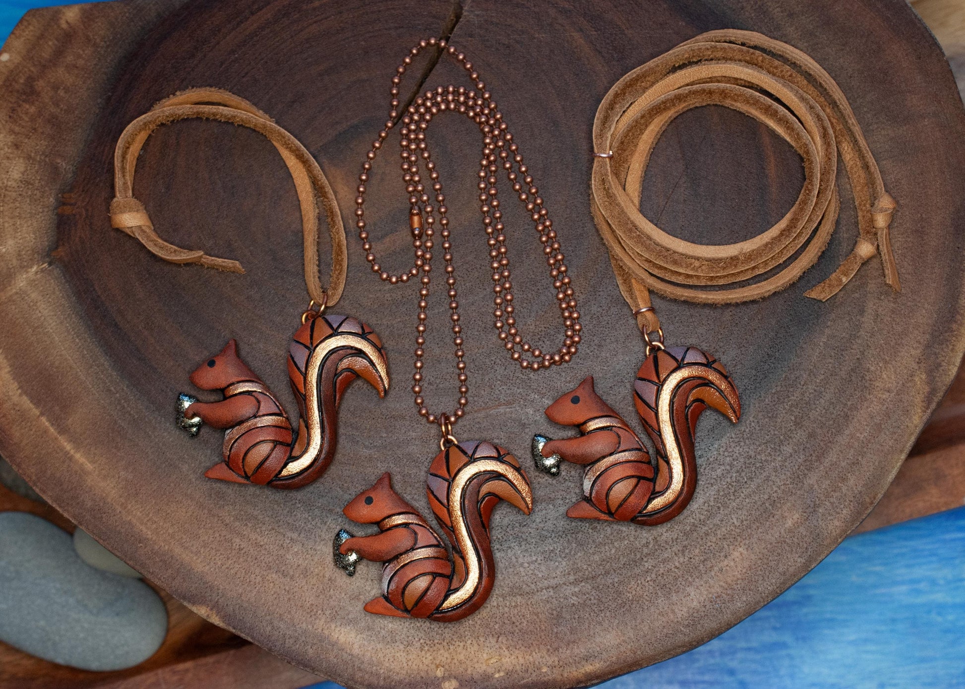 Squirrel Necklace or Ornament, Mosaic Polymer Clay Pendant on Leather or Chain, Wildlife Art.