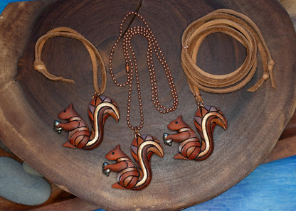 Squirrel Necklace or Ornament, Mosaic Polymer Clay Pendant on Leather or Chain, Wildlife Art.