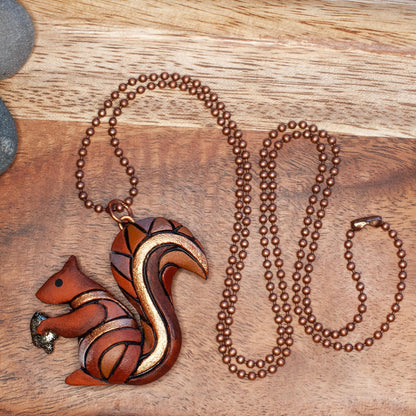 Squirrel Necklace or Ornament, Mosaic Polymer Clay Pendant on Leather or Chain, Wildlife Art