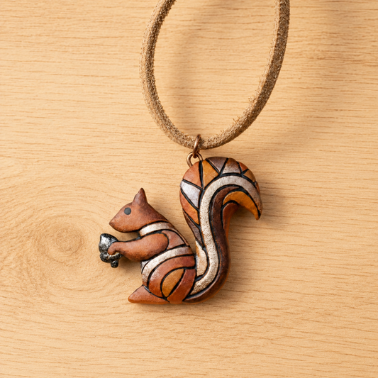Squirrel Necklace or Ornament, Mosaic Polymer Clay Pendant on Leather or Chain, Wildlife Art