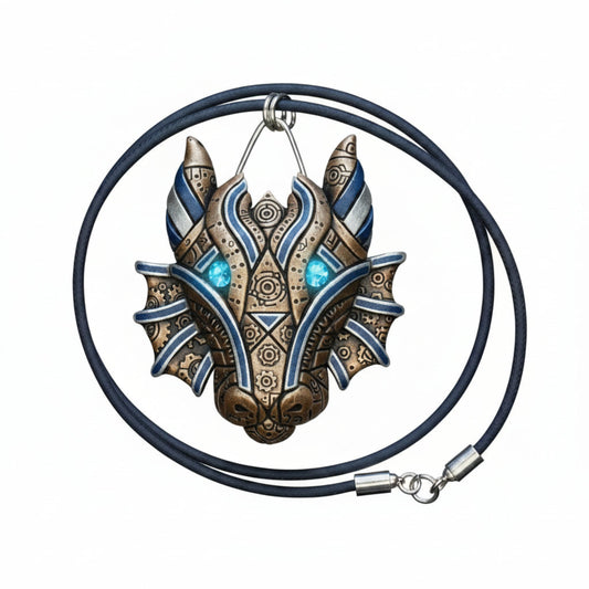 Steampunk Dragon Necklace - Blue & Gold Mechanical Zodiac Jewelry Art