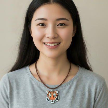 Tiger Head Necklace - Orange & Black Mosaic Art 