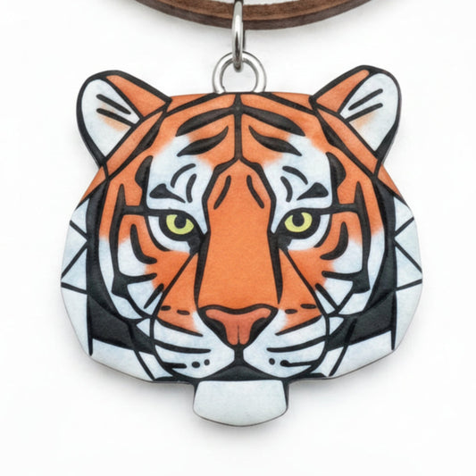 Tiger Head Necklace - Orange & Black Mosaic Art - Leather Cord Totem