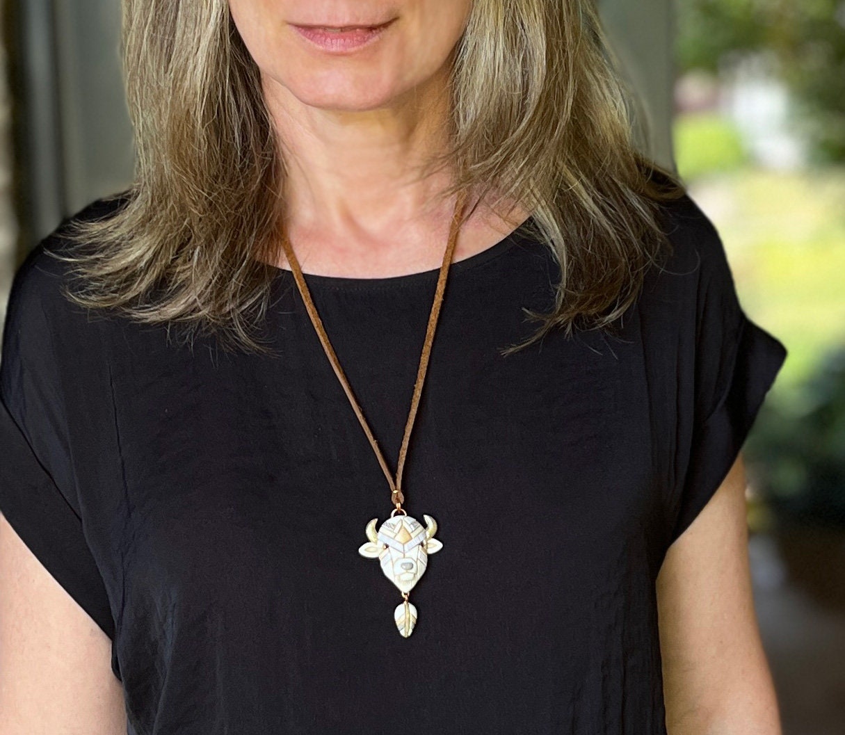 White or Brown Bison Buffalo Necklace on Leather: 