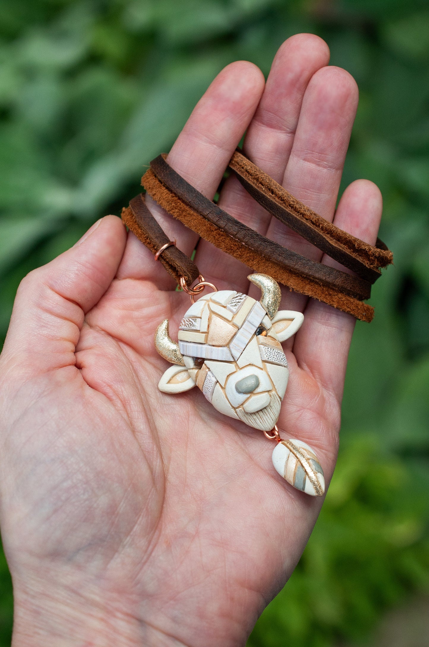 White or Brown Bison Buffalo Necklace on Leather: Handmade Western Symbolic Gift